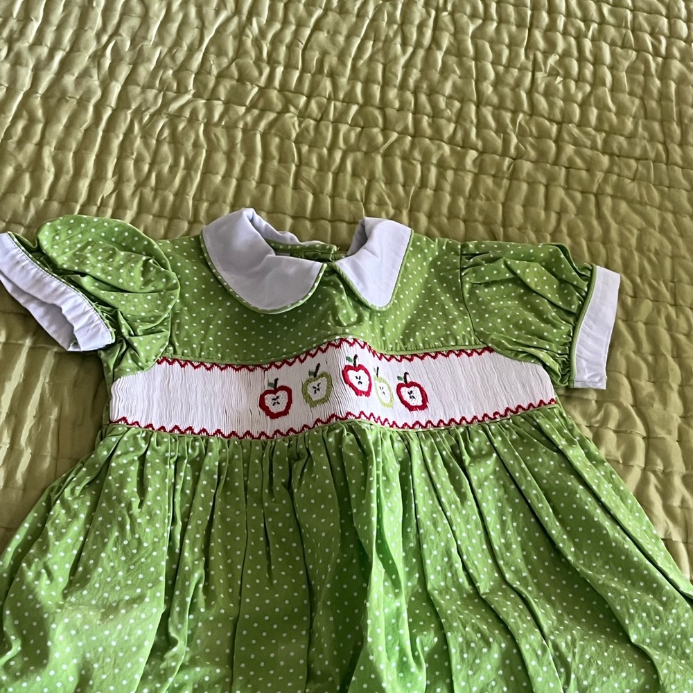 Green Smocked Polka Dot Dress with Apple Embroidery
